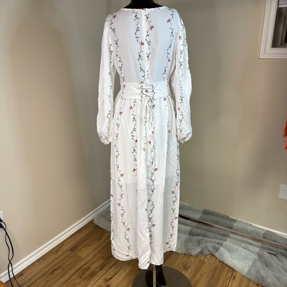 SHEIN White Embroidered Cottagecore Maxi Dress Puff Long Sleeve Milkmaid Style M - Picture 2 of 5